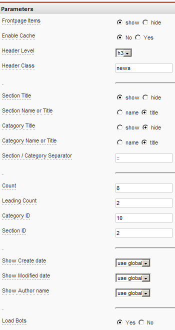 Parameter screen for mod_rd_section_blog_reloaded